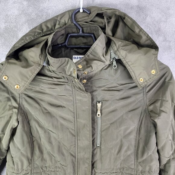 Womens Olive Green Old Navy Quilted Jacket Removable Hood Full Zip Size M - Picture 4 of 11